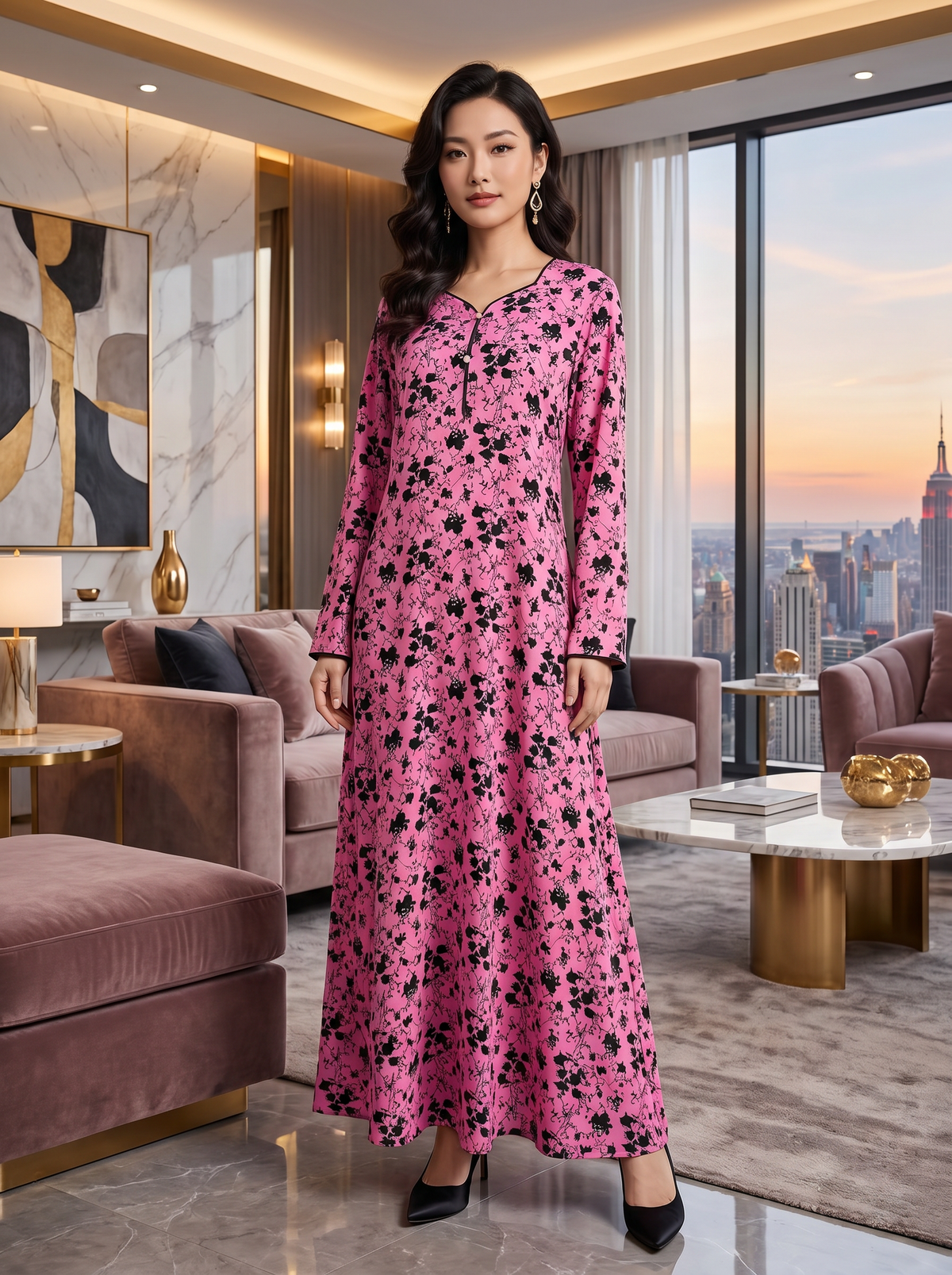 Pink and Black Floral Print Linen Maxi Dress KF-810