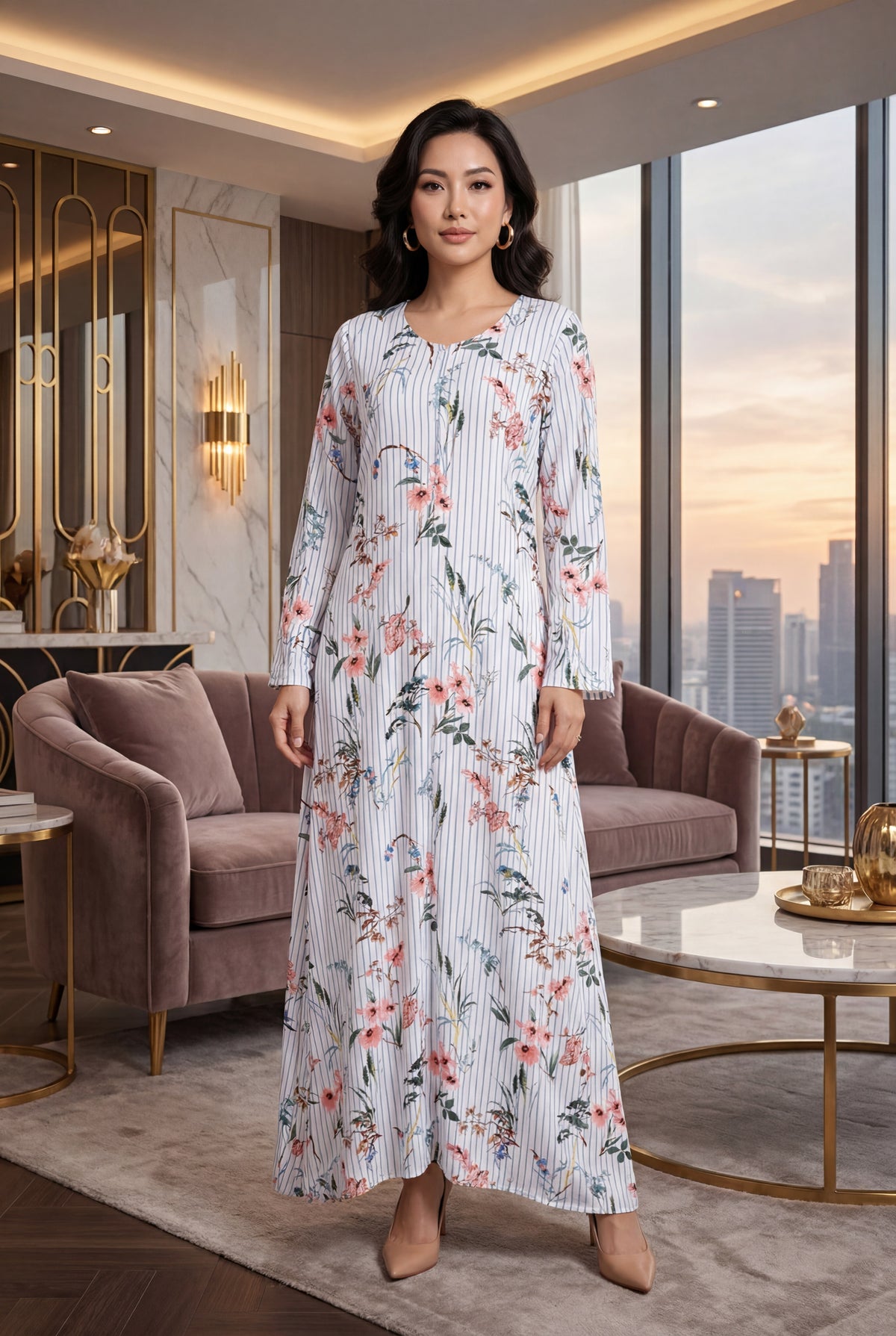 White Striped Floral Print Linen Maxi Dress KF-880