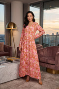 Pink and Orange Floral Print Linen Maxi Dress KF-910
