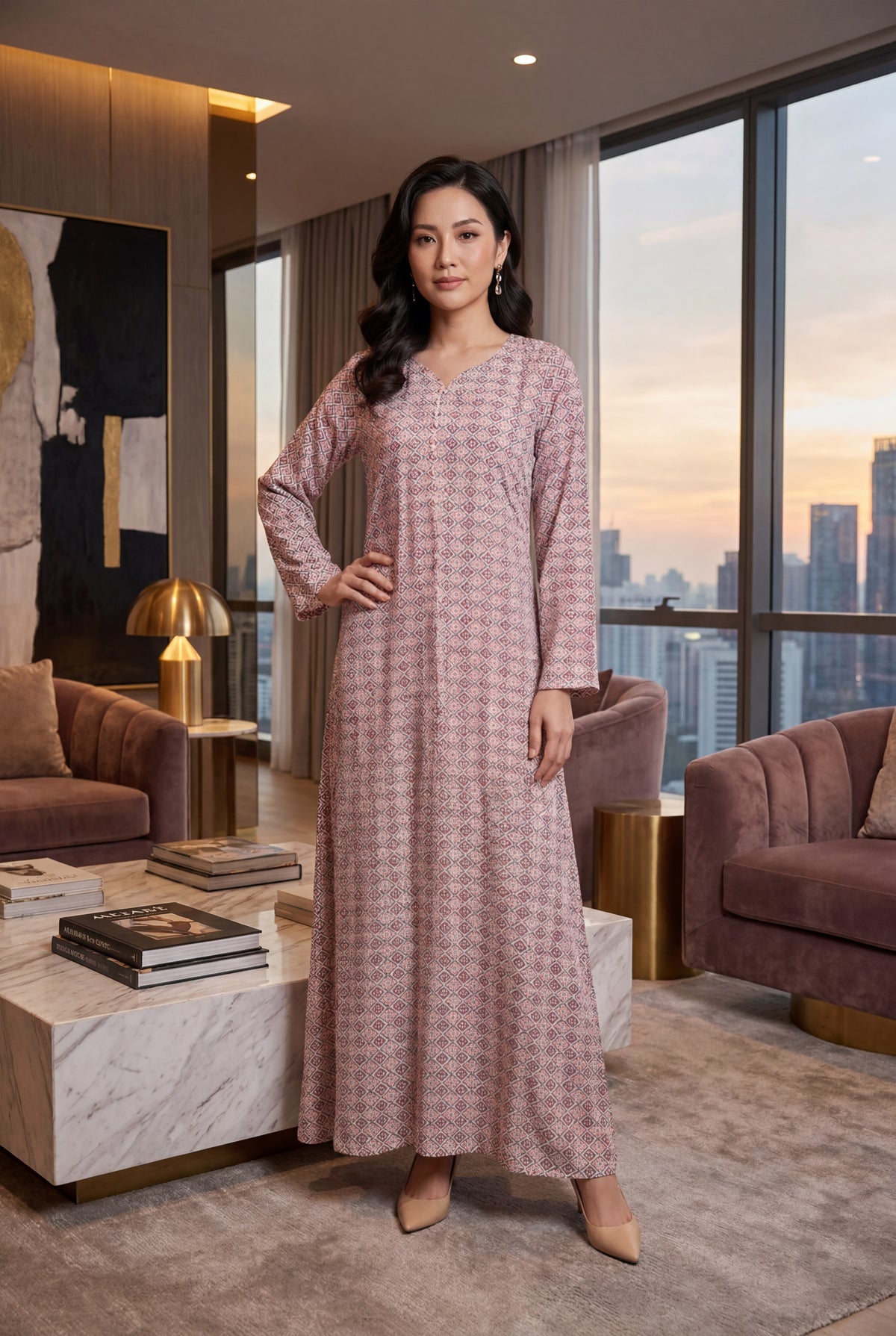 Dusty Pink Geometric Print Linen Maxi Dress KF-940