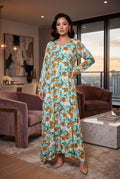 Aqua Green Tropical Floral Print Linen Maxi Dress KF-830