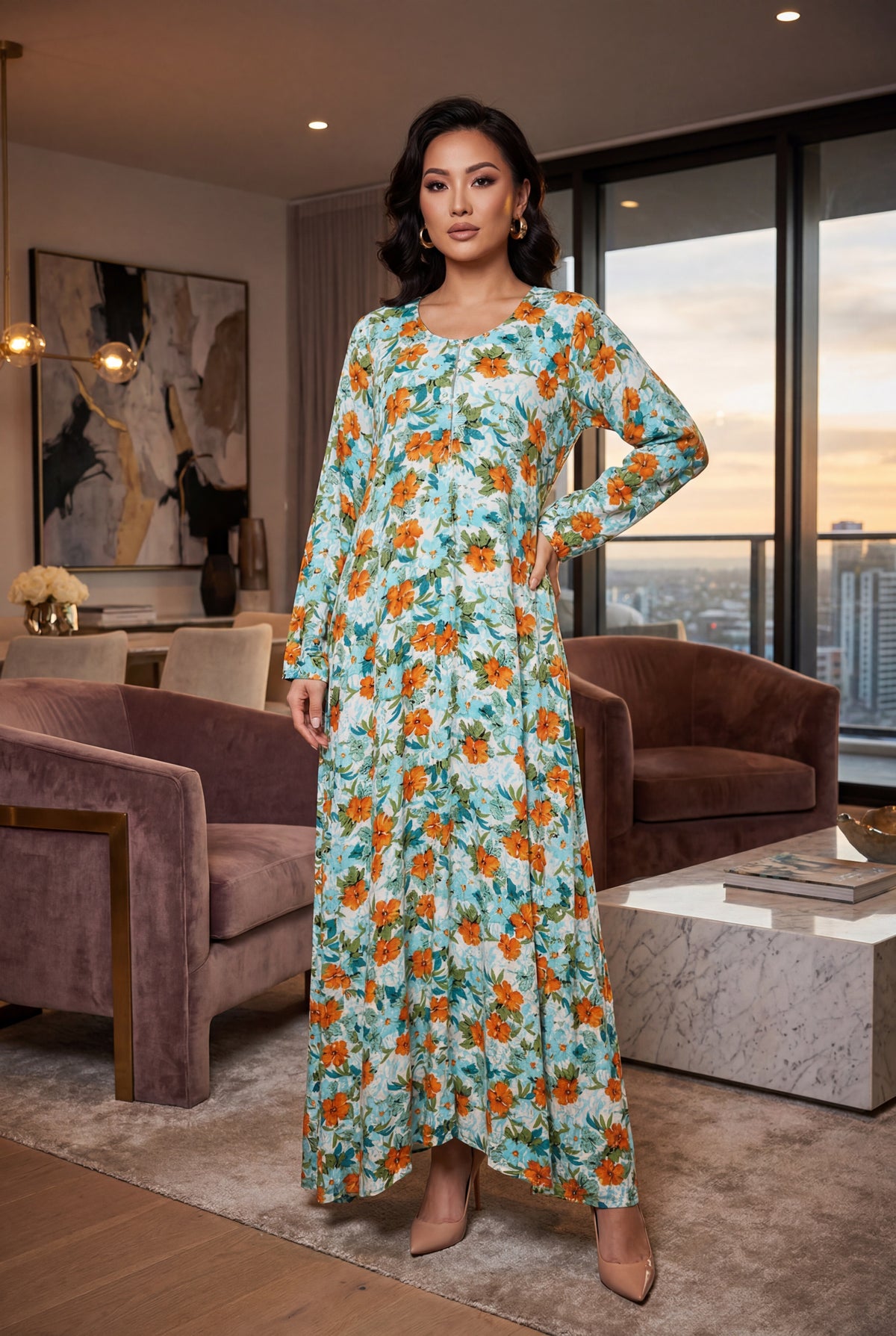 Aqua Green Tropical Floral Print Linen Maxi Dress KF-830