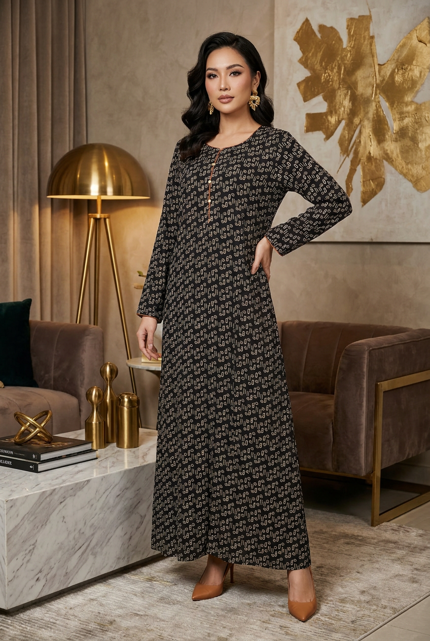 Black and Cream Motif Print Georgette Maxi Dress KF-540