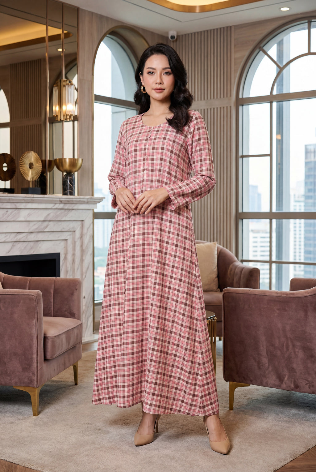 Pink Check Print Georgette Maxi Dress KF-600