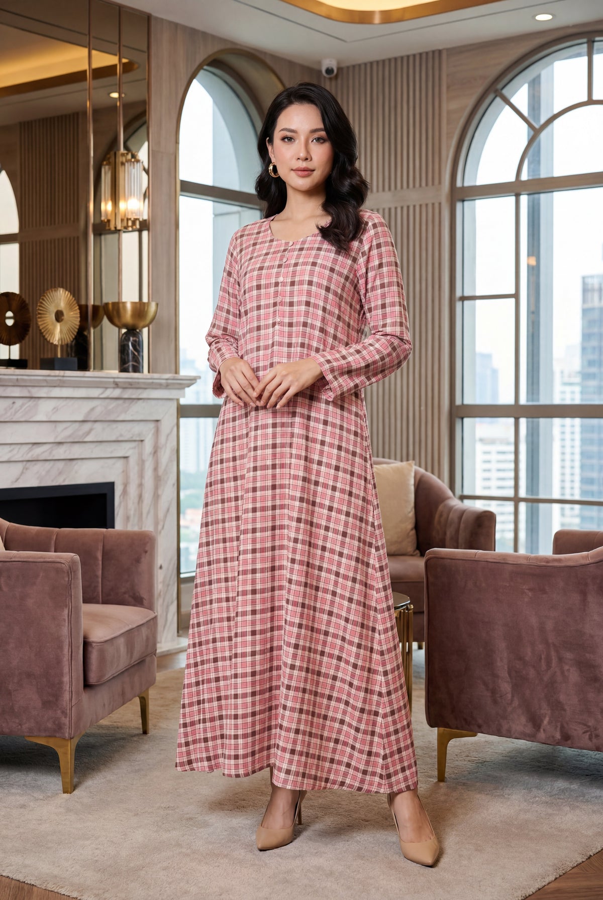 Pink Check Print Georgette Maxi Dress KF-600