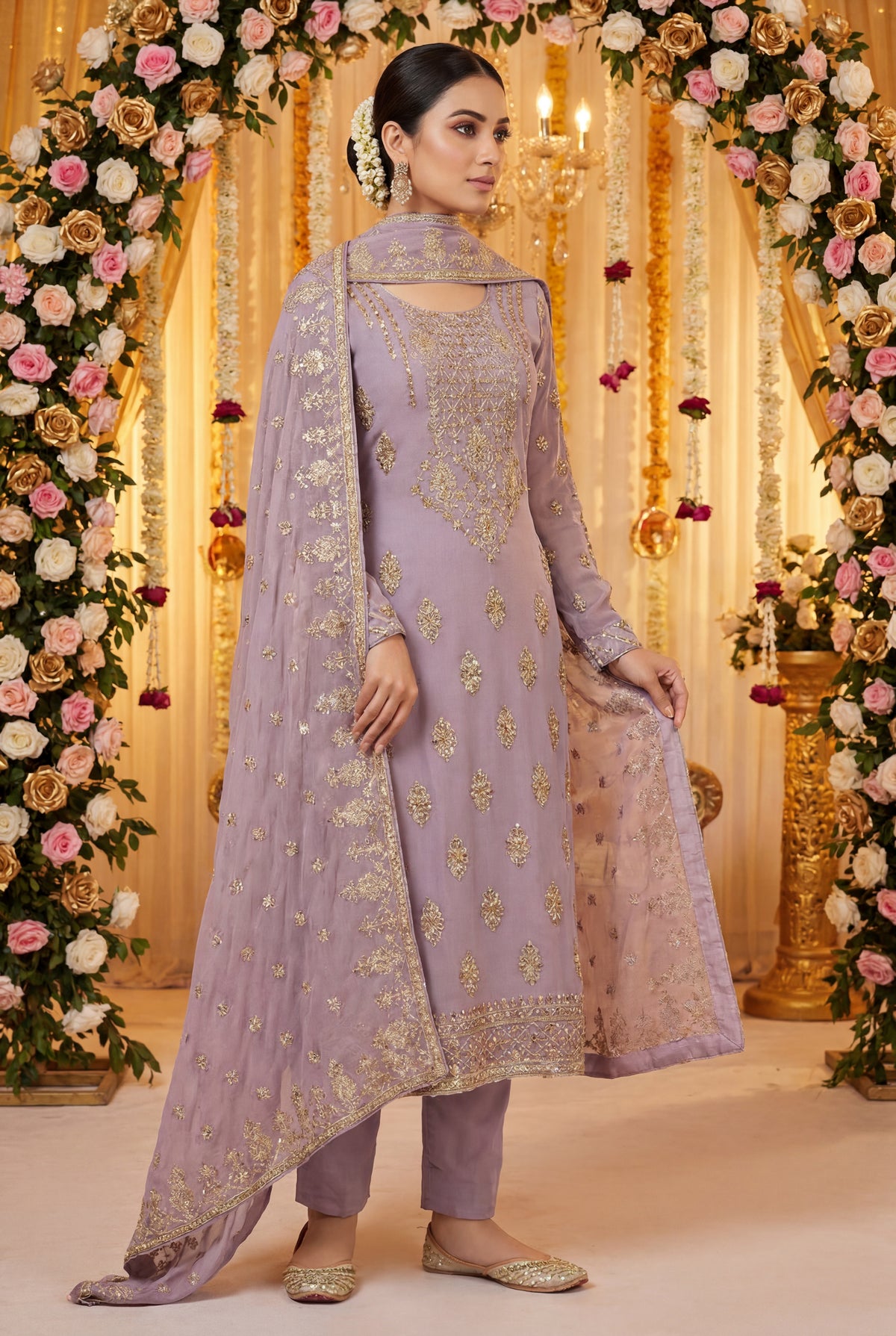 Lilac Handwork Chiffon 3 Piece Party Suit with Raw Silk Trouser KF-912