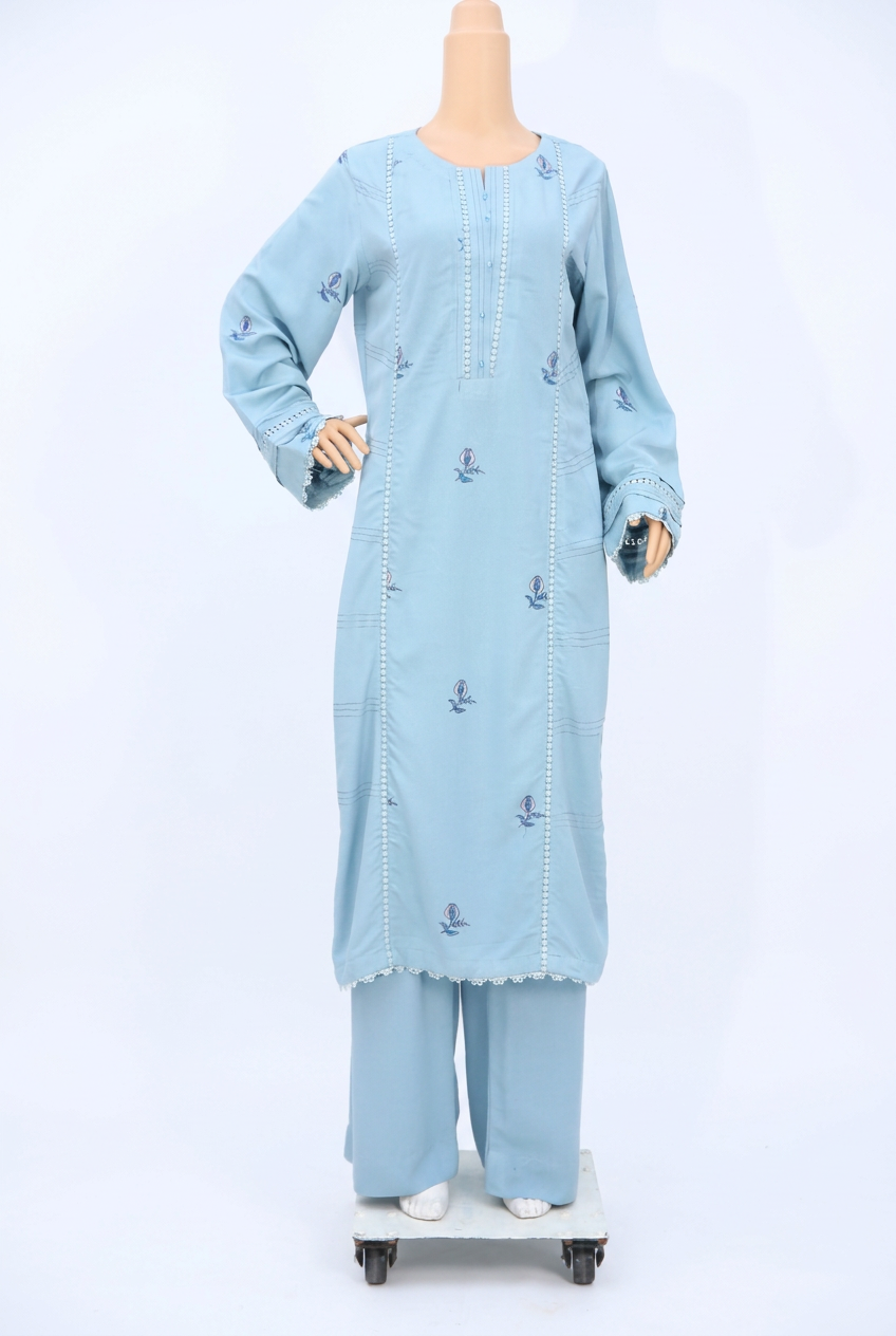 Light Blue Embroidered Arcandi Linen 3 Piece Suit with Chiffon Dupatta KF-1095