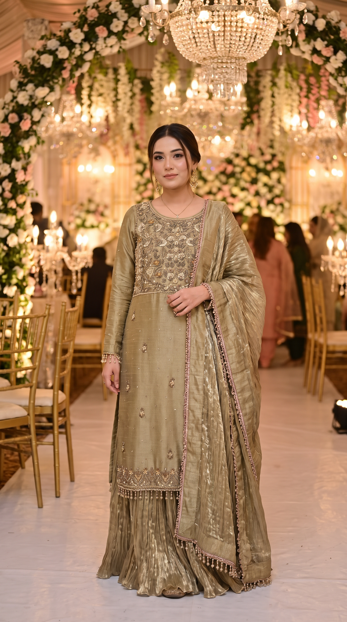Olive Green Khadi Net Suit with Hand Work and Crush Tissue Plazo KF-921