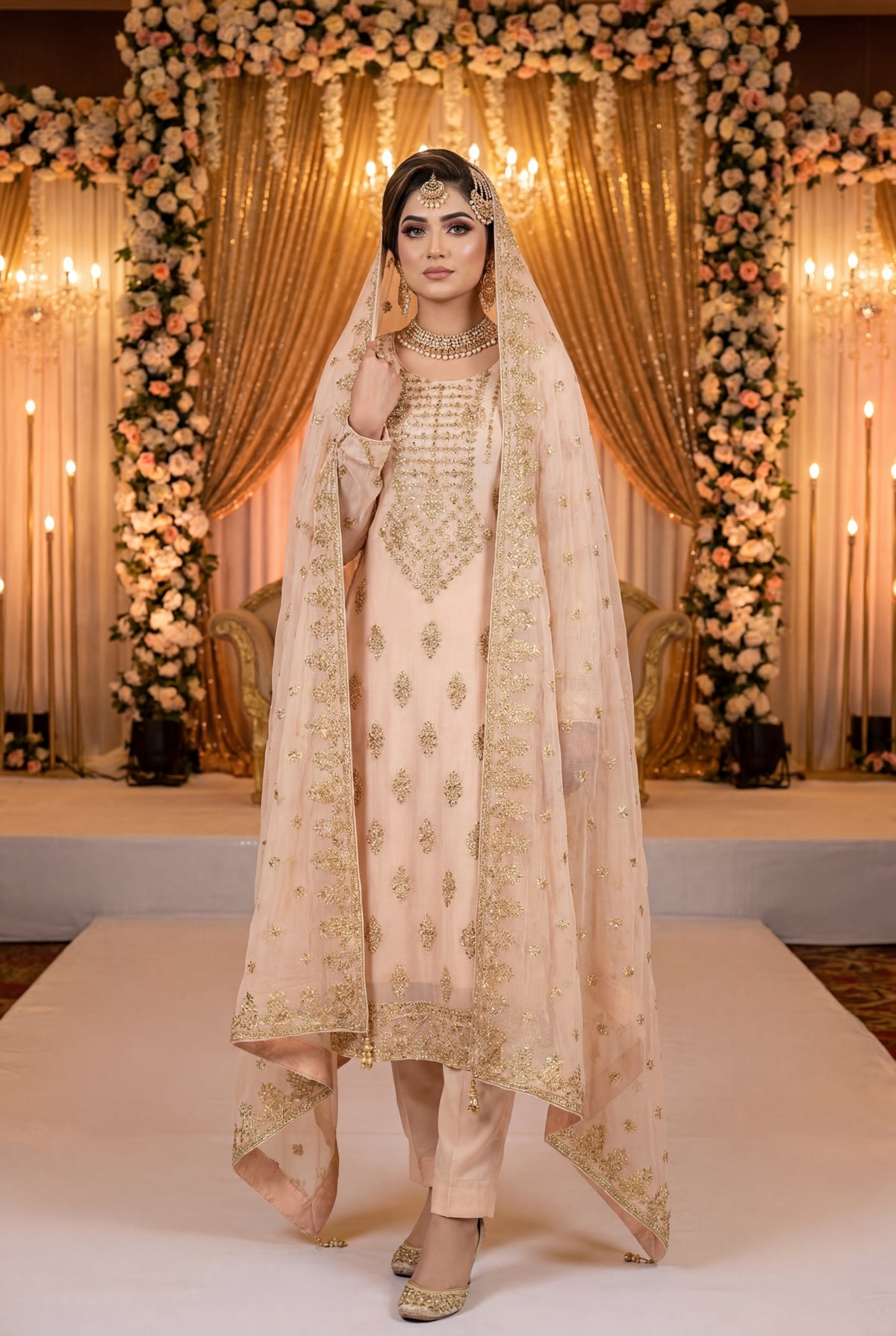 Peach Handwork Chiffon 3 Piece Party Suit with Raw Silk Trouser KF-913