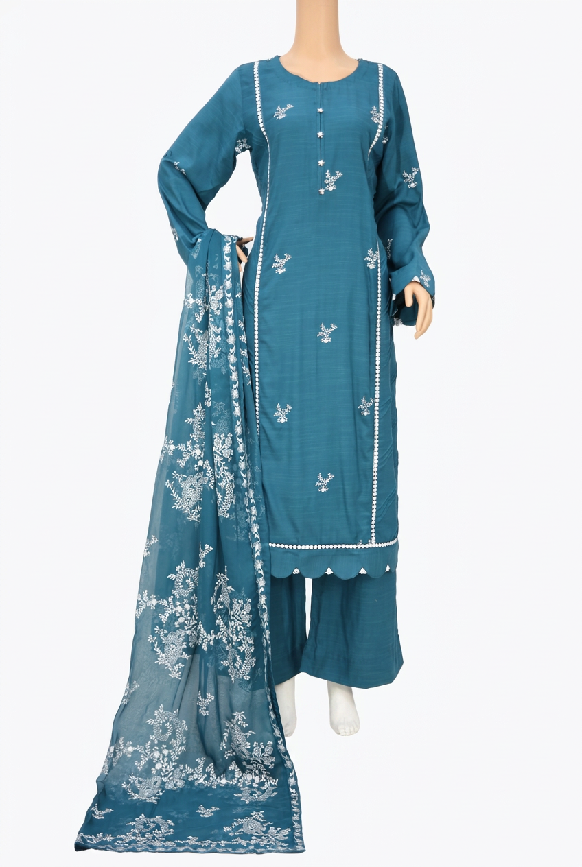 Teal Self Linen Thread Embroidered 3 Piece Suit with Chiffon Dupatta KF-1101