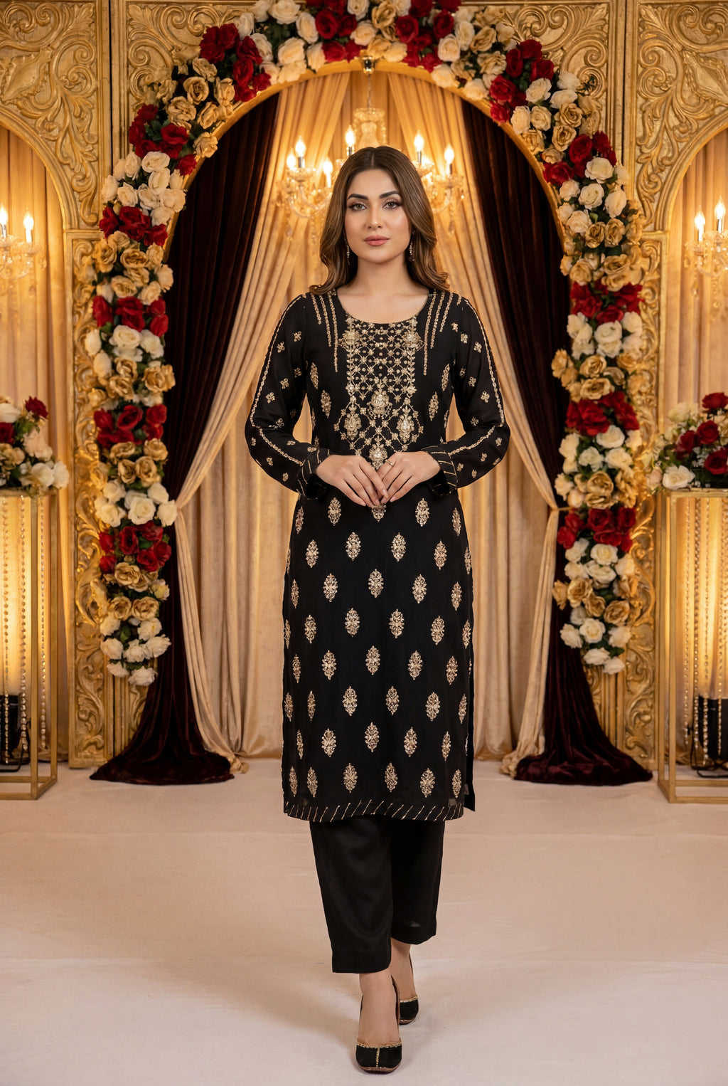Black Handwork Chiffon 3 Piece Party Suit with Raw Silk Trouser KF-914