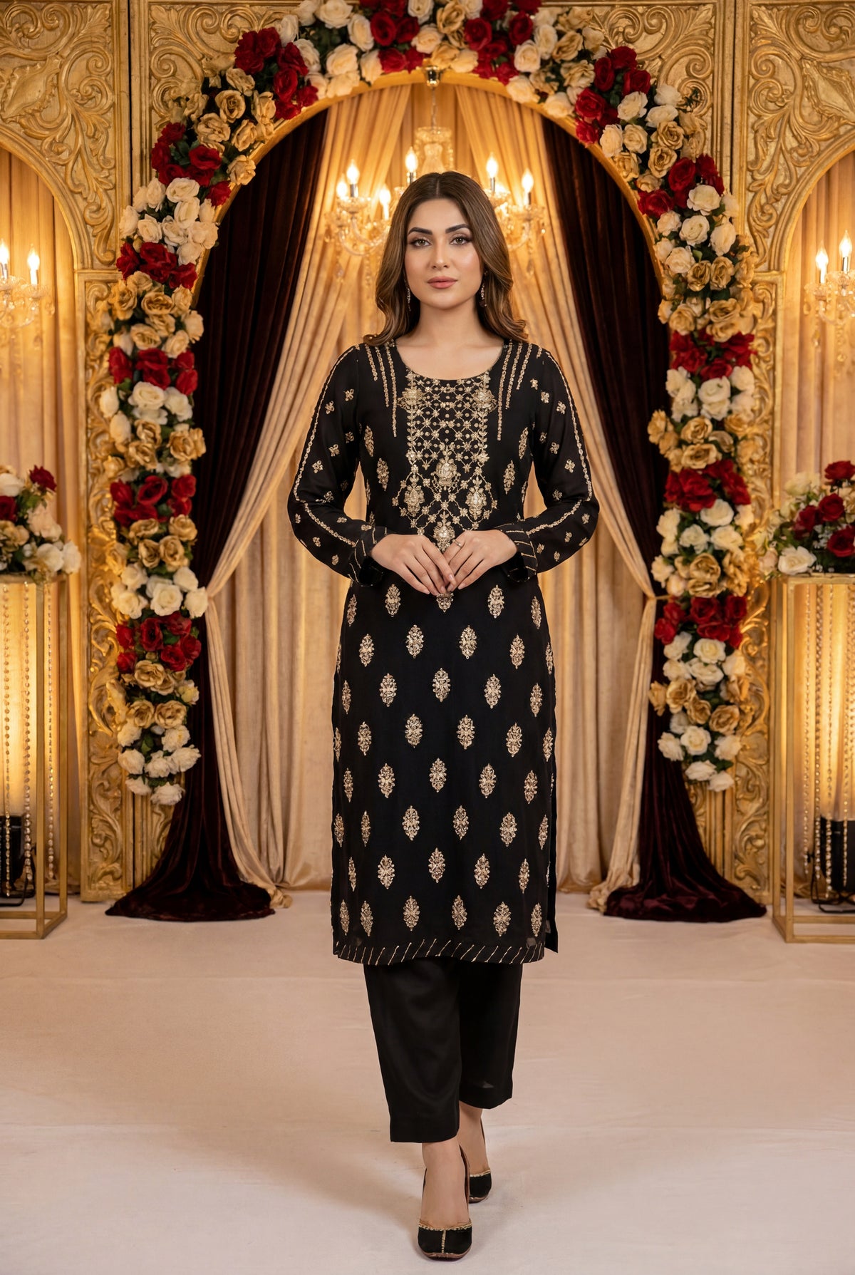 Black Handwork Chiffon 3 Piece Party Suit with Raw Silk Trouser KF-914