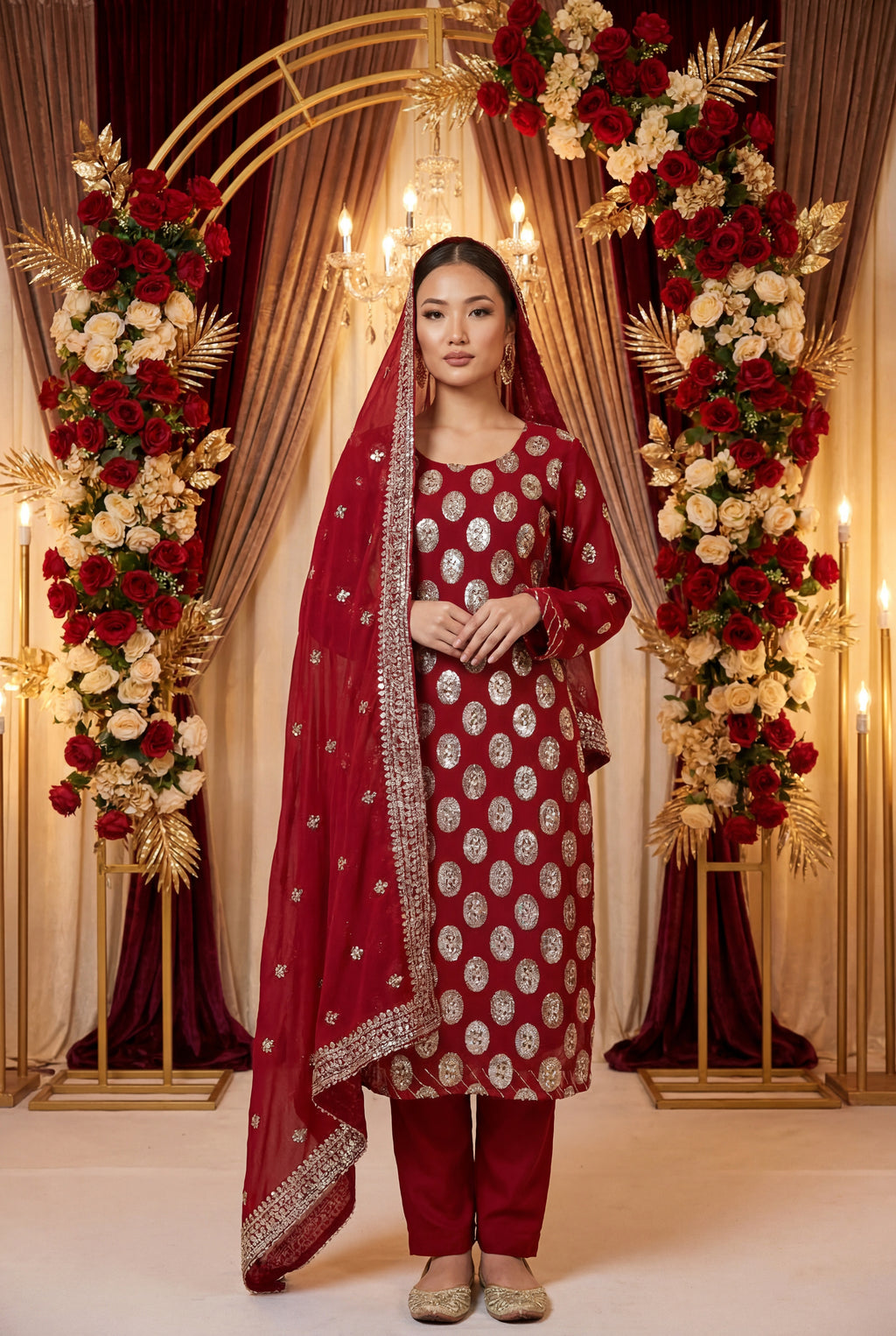 Maroon Handwork Chiffon 3 Piece Party Suit with Raw Silk Trouser KF-915