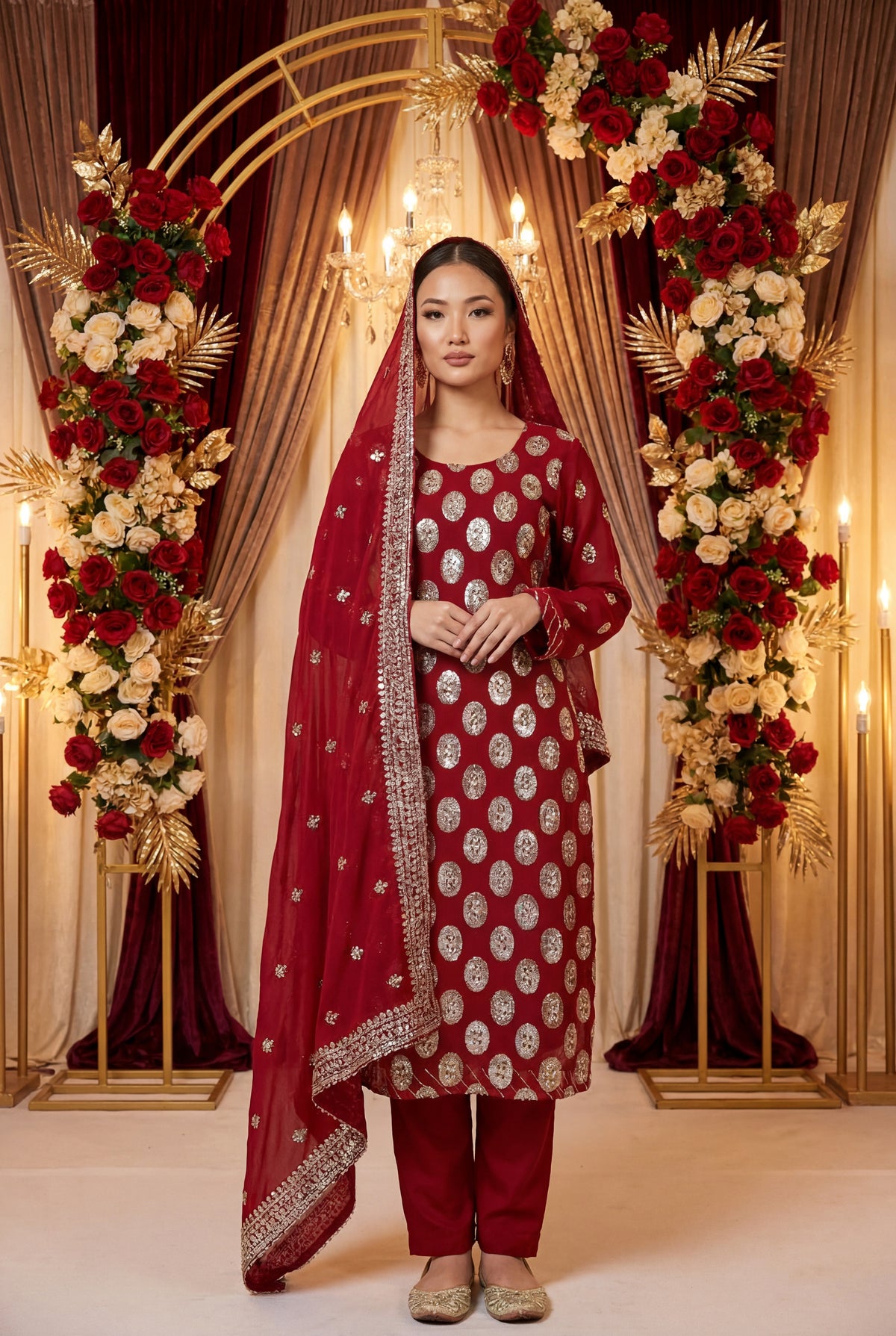 Maroon Handwork Chiffon 3 Piece Party Suit with Raw Silk Trouser KF-915