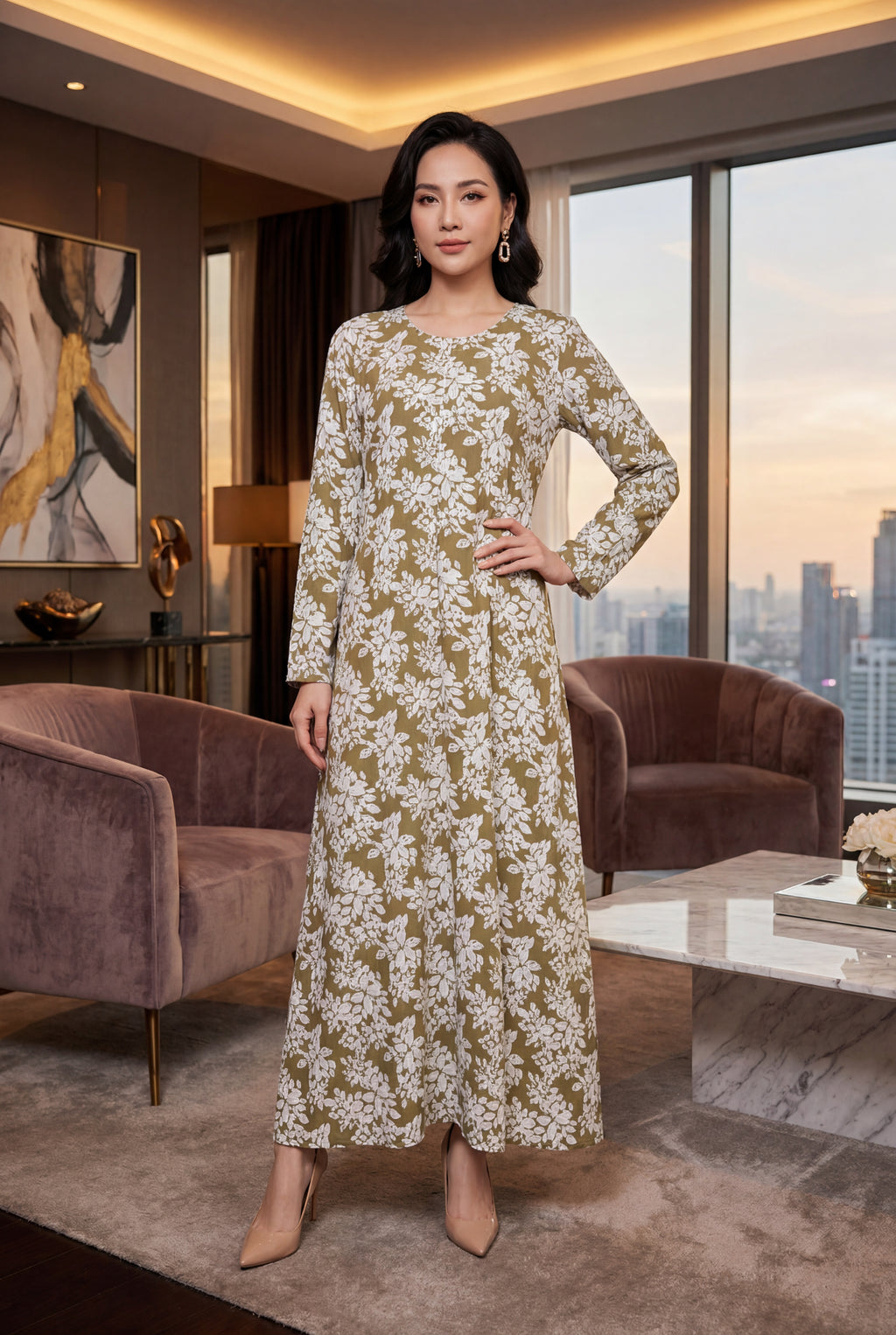 Olive and White Floral Print Georgette Maxi Dress KF-610