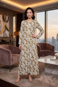 Olive and White Floral Print Georgette Maxi Dress KF-610