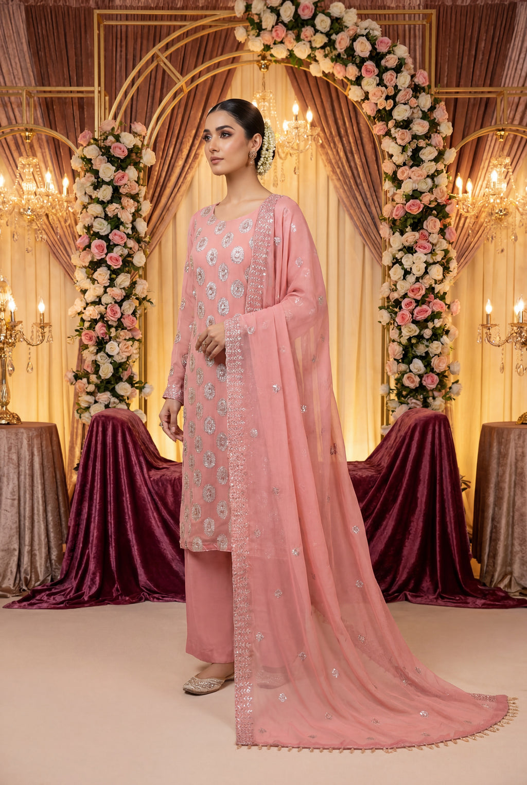 Pink Handwork Chiffon 3 Piece Party Suit with Raw Silk Trouser KF-916