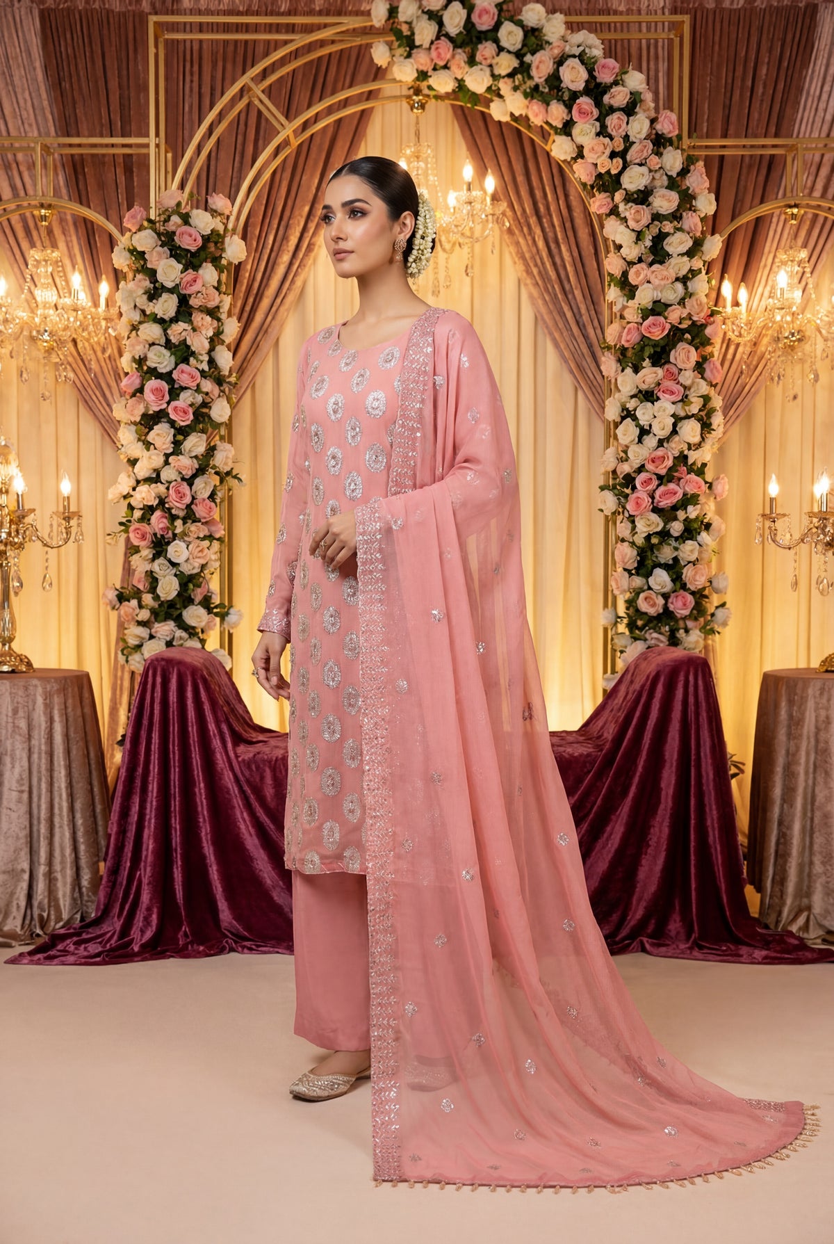 Pink Handwork Chiffon 3 Piece Party Suit with Raw Silk Trouser KF-916