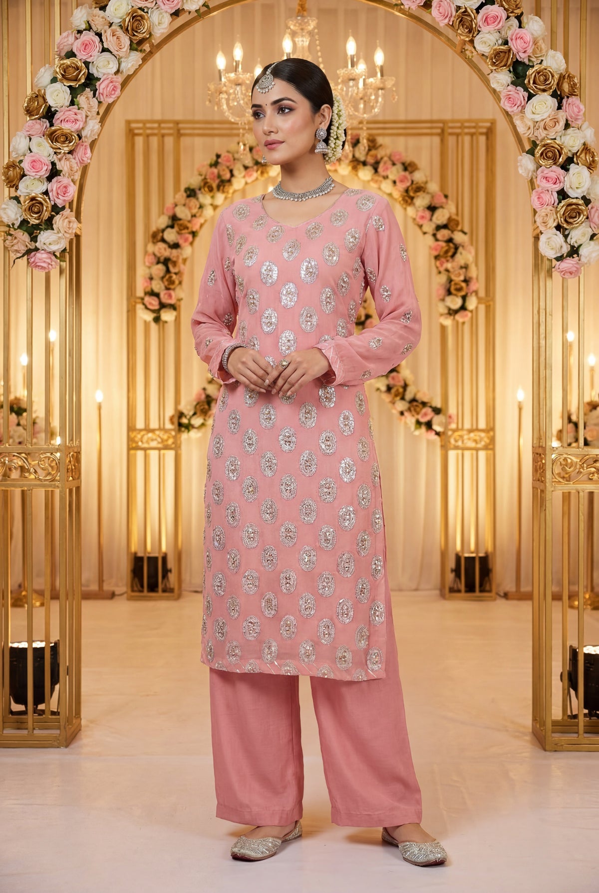 Pink Handwork Chiffon 3 Piece Party Suit with Raw Silk Trouser KF-916