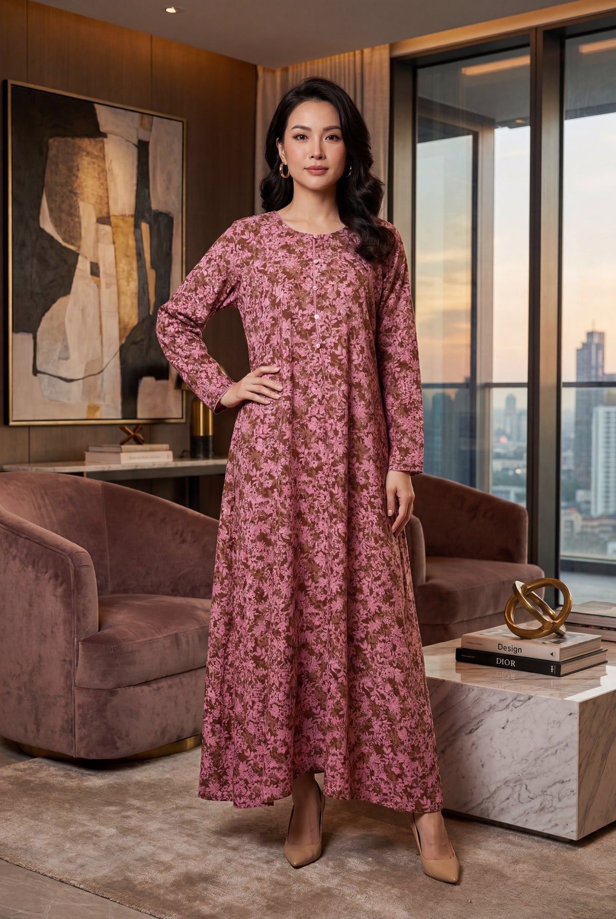 Dusty Rose Floral Print Georgette Maxi Dress KF-640
