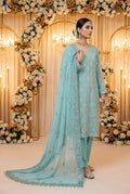 Sea Green Handwork Chiffon 3 Piece Party Suit with Raw Silk Trouser KF-917