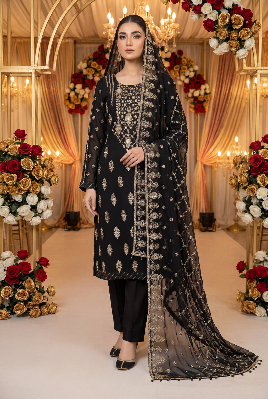 Black Handwork Chiffon 3 Piece Party Suit with Raw Silk Trouser KF-914