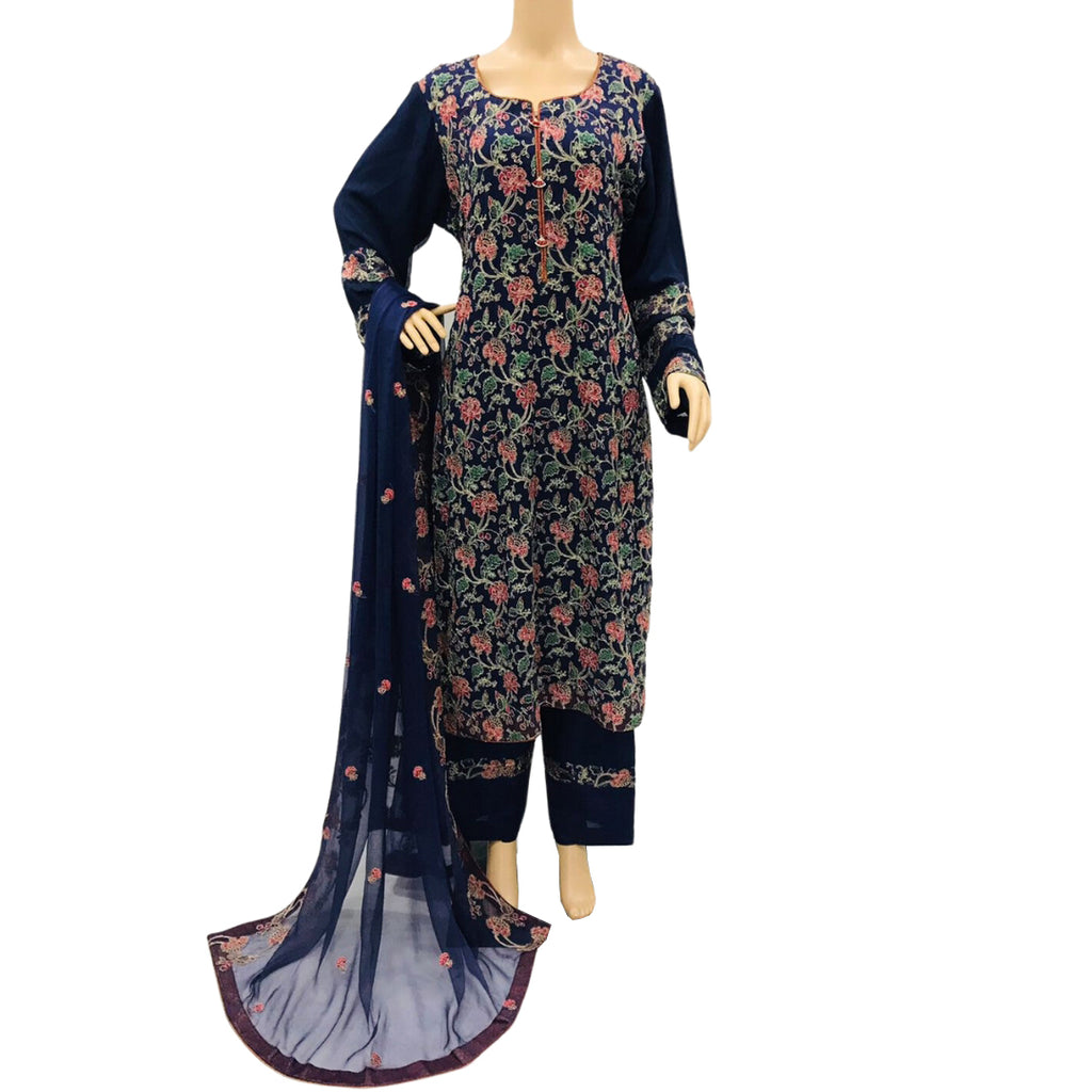 Navy Blue Embroidered Chiffon 3 Piece Party Suit with Raw Silk Trouser KF-547