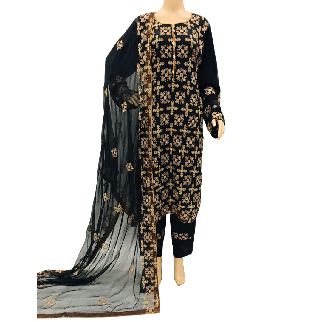 Black Embroidered Chiffon 3 Piece Party Suit with Raw Silk Trouser KF-550