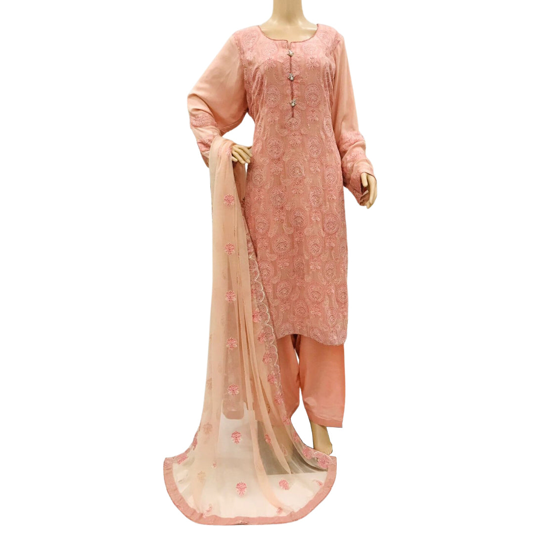 Light Pink Embroidered Chiffon 3 Piece Suit with Raw Silk Trouser KF-551