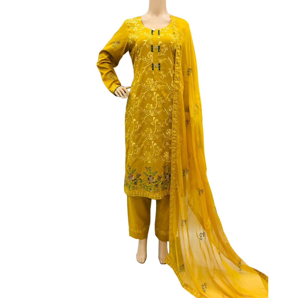 Yellow Embroidered Lawn 3 Piece Suit with Chiffon Dupatta KF-554