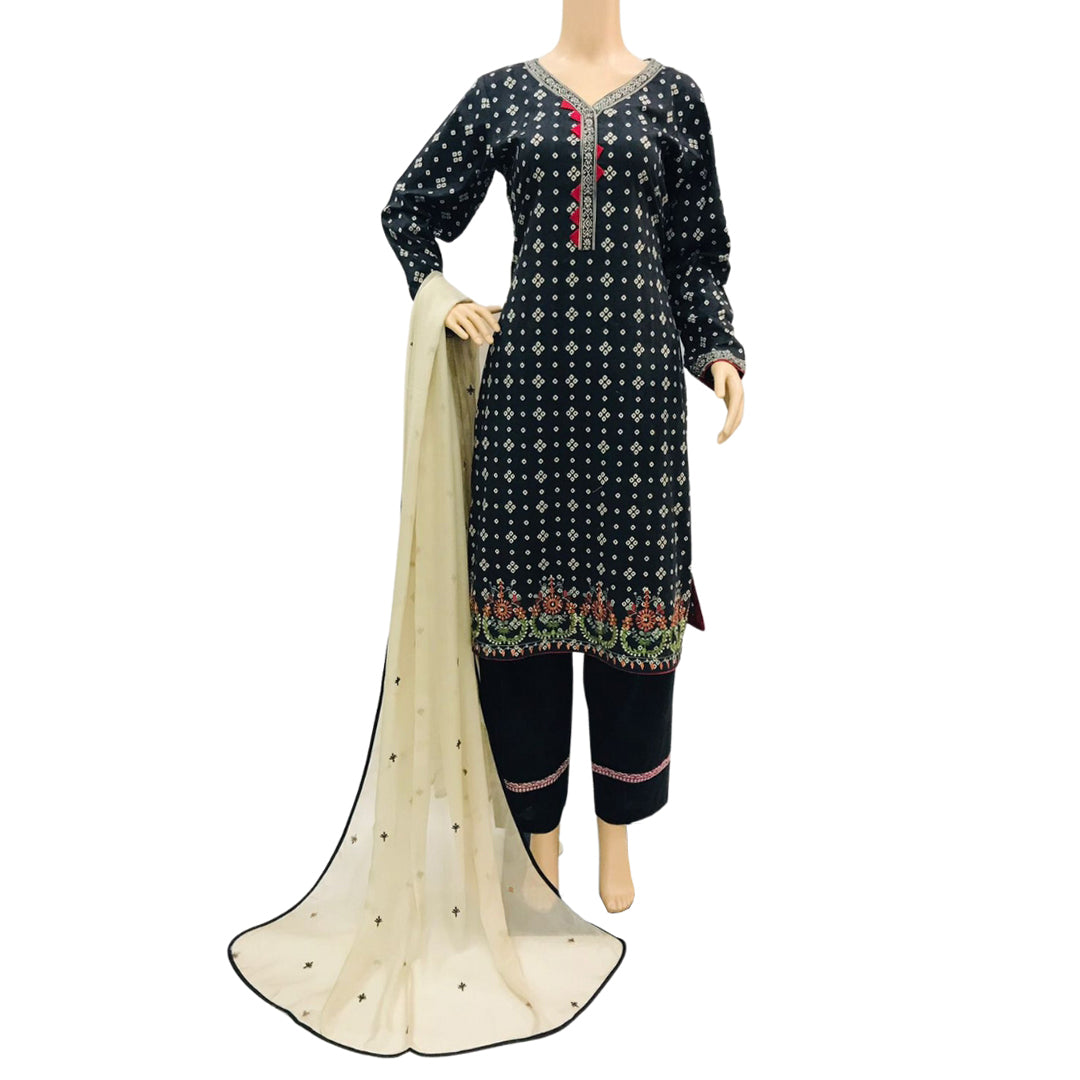 Black Chundri Print Lawn 3 Piece Suit with Chiffon Dupatta KF-565