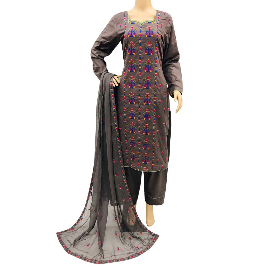 Taupe Embroidered Lawn 3 Piece Suit with Chiffon Dupatta KF-558