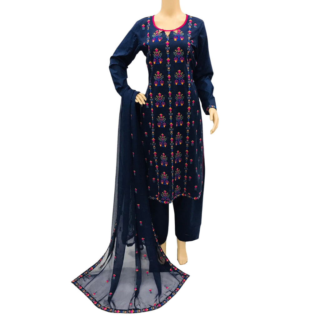 Navy Blue Embroidered Lawn 3 Piece Suit with Chiffon Dupatta KF-560