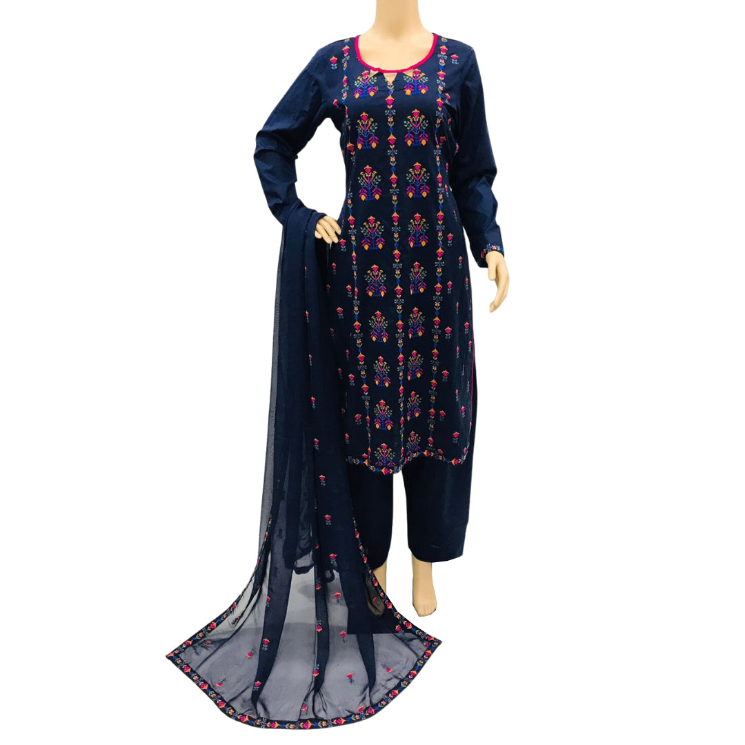 Navy Blue Embroidered Lawn 3 Piece Suit with Chiffon Dupatta KF-560