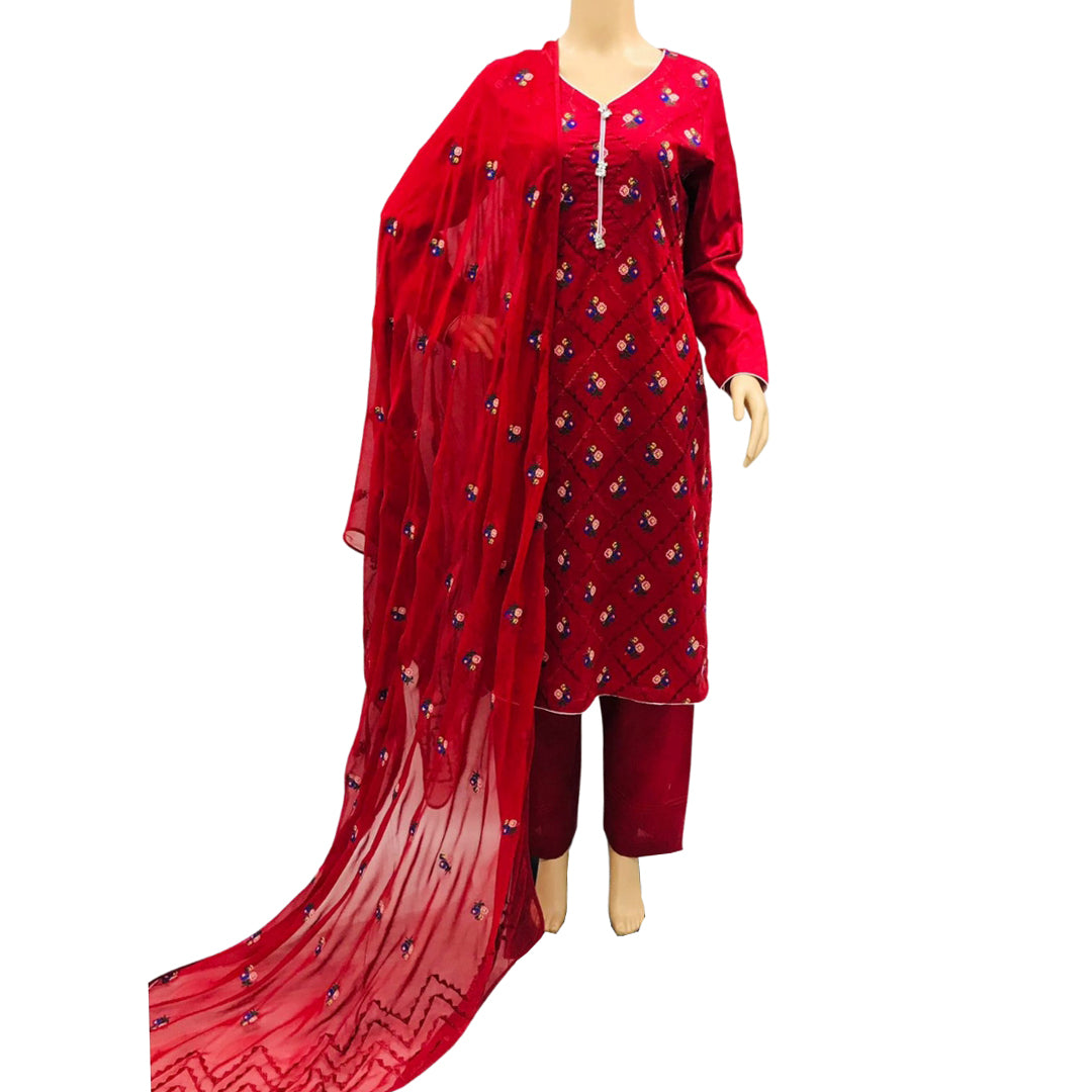 Red Embroidered Lawn 3 Piece Suit with Chiffon Dupatta KF-559