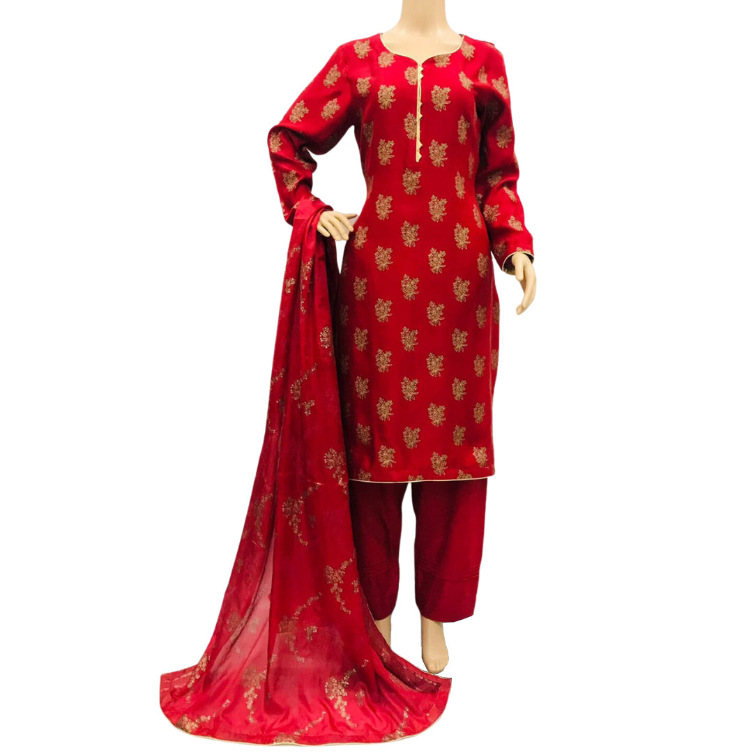 Red Lawn Block Print 3 Piece Suit with Block Print Silk Dupatta KF-527