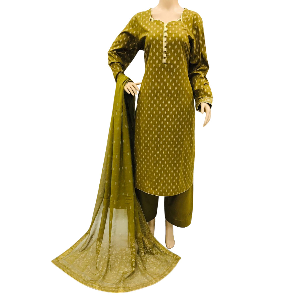 Mehndi Green Lawn Block Print 3 Piece Suit with Chiffon Dupatta KF-530