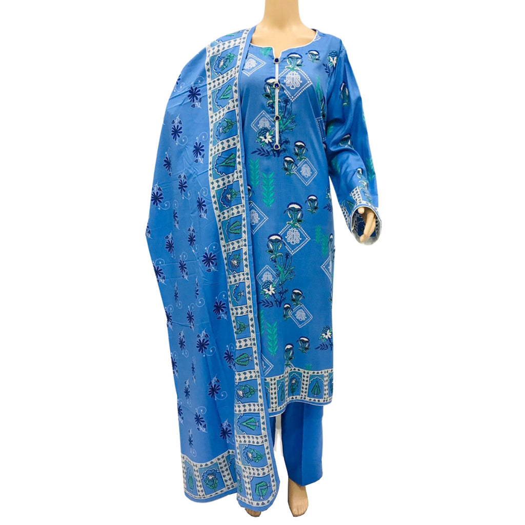 Blue Printed Self Linen 3 Piece Suit KF-543