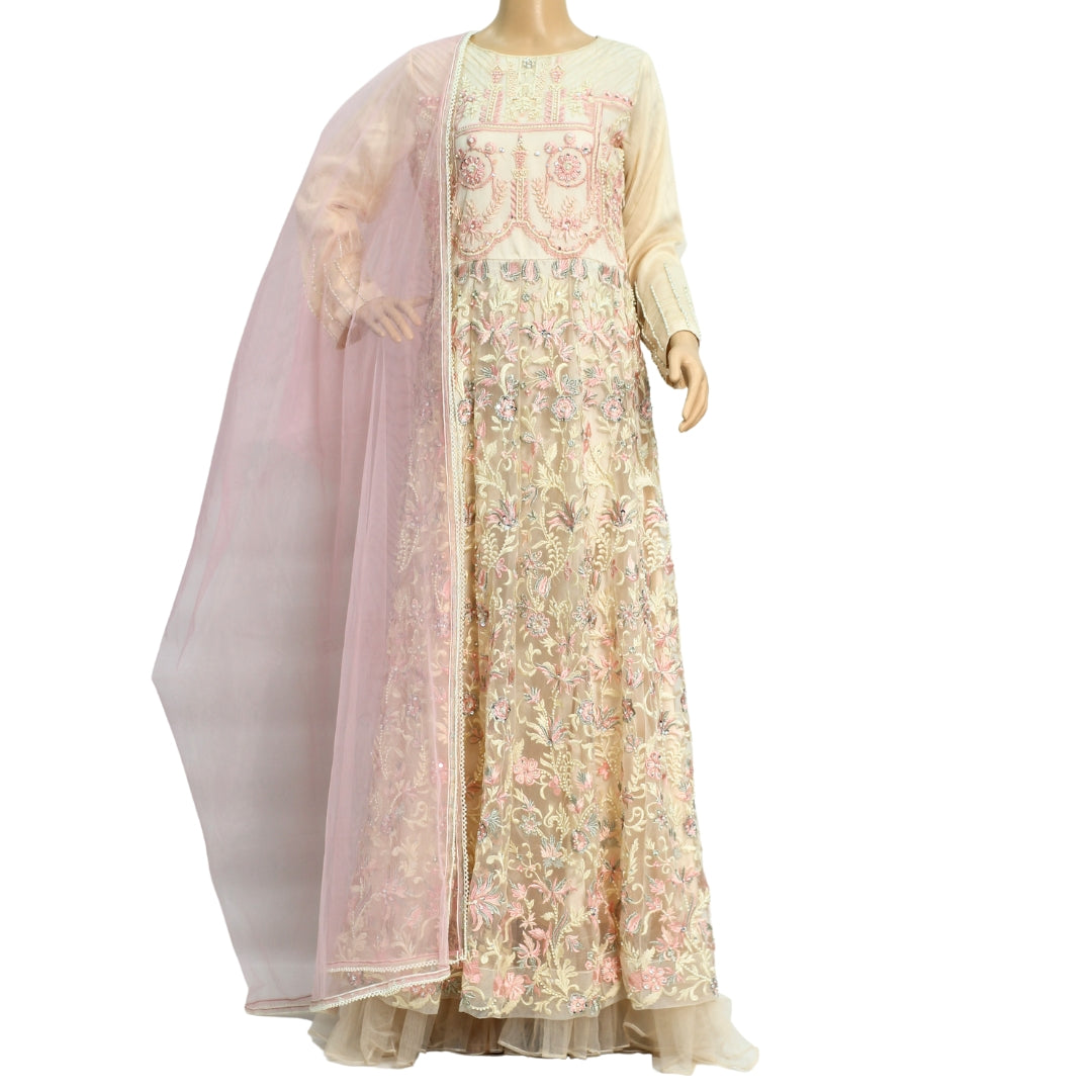 Ivory and Pink Fancy Net Suit with Floral Embroidery KF-7476