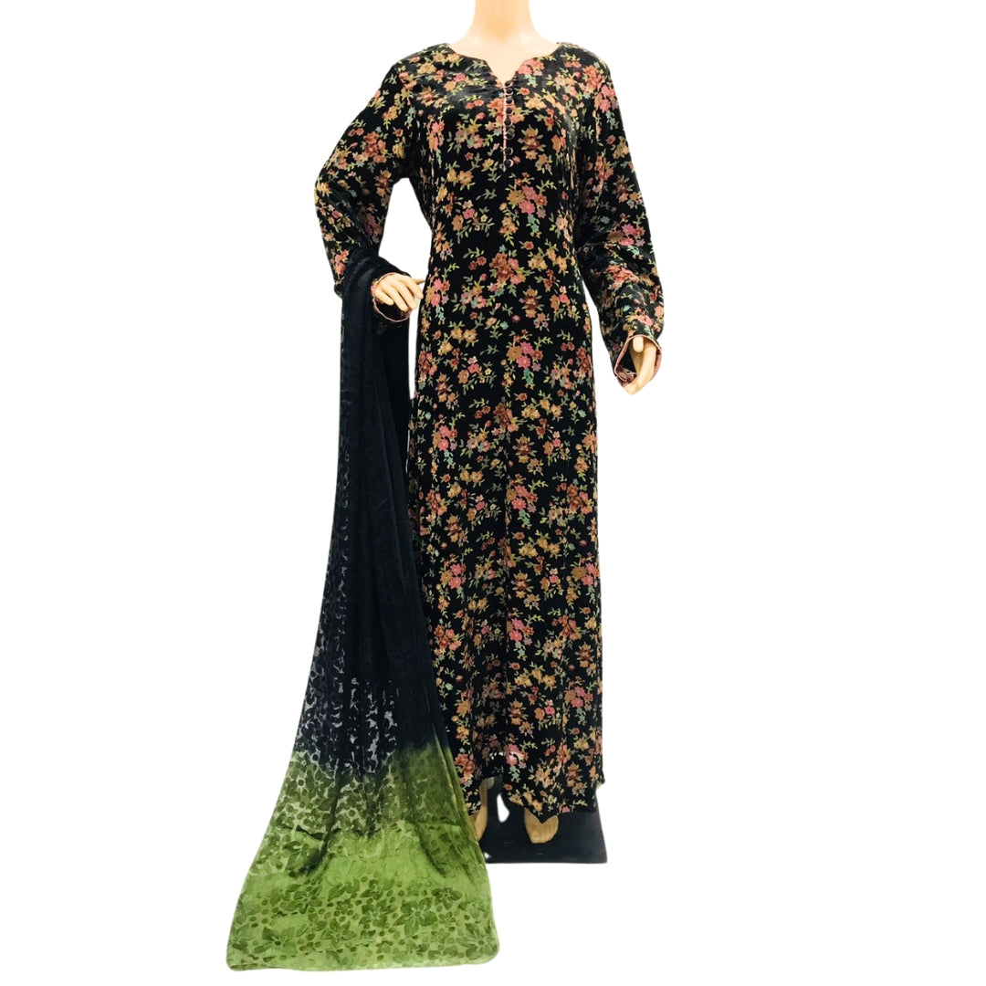 Black and Green Floral Velvet Palachi Maxi with Dupatta KF-5485