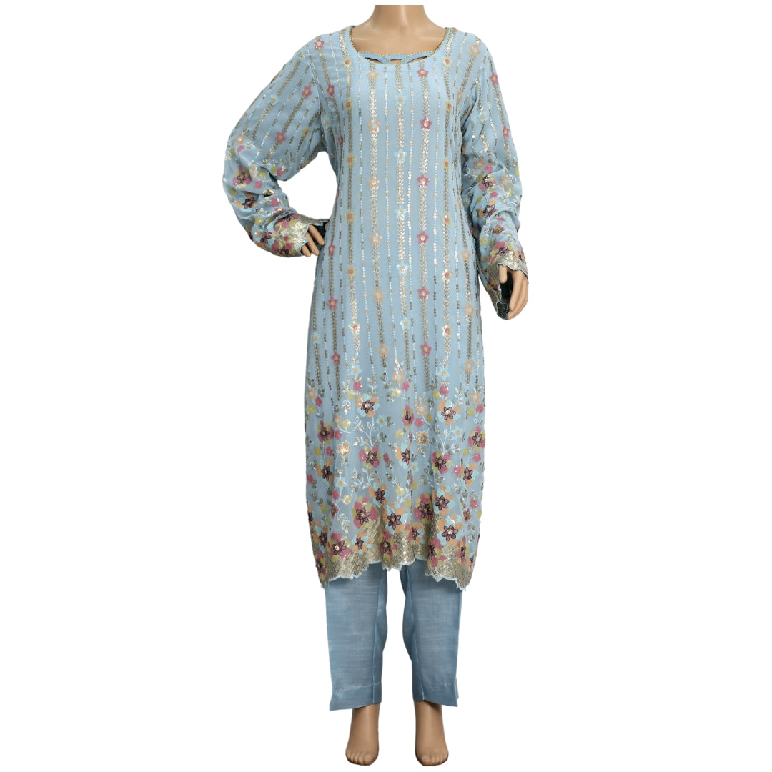 Sky Blue Sequins and Antique Work Pure Chiffon Suit with Raw Silk Trouser KF-00501