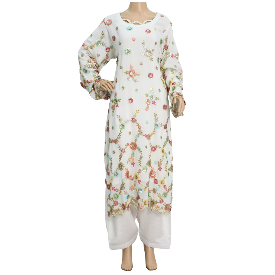 Off White Sequins and Antique Work Pure Chiffon Suit with Raw Silk Shalwar KF-00502