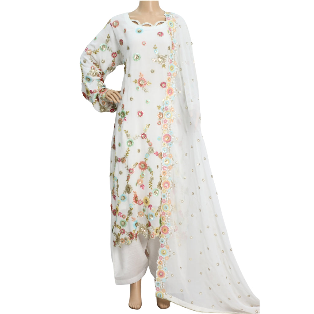 Off White Sequins and Antique Work Pure Chiffon Suit with Raw Silk Shalwar KF-00502