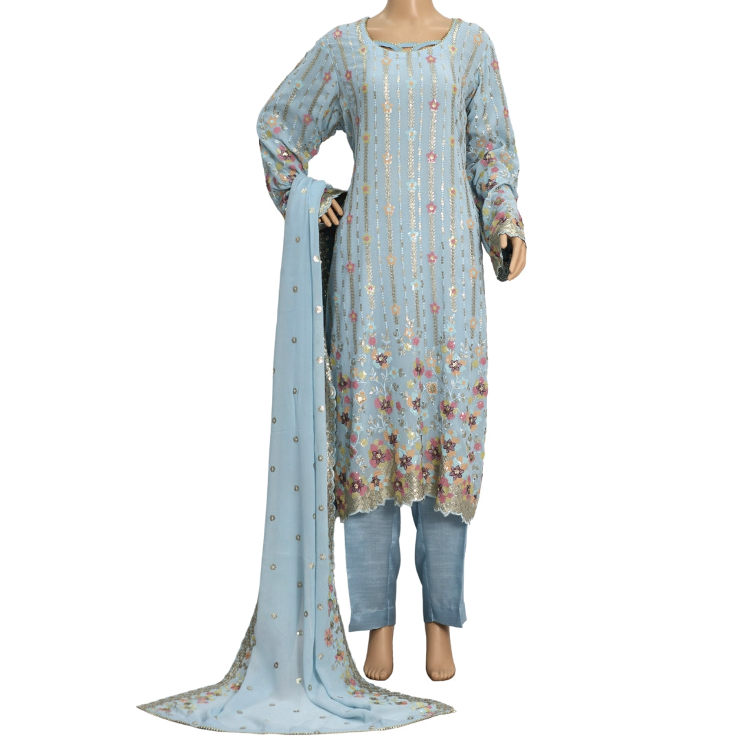 Sky Blue Sequins and Antique Work Pure Chiffon Suit with Raw Silk Trouser KF-00501