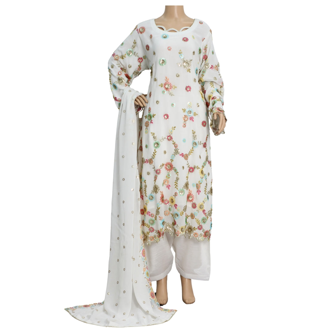 Off White Sequins and Antique Work Pure Chiffon Suit with Raw Silk Shalwar KF-00502