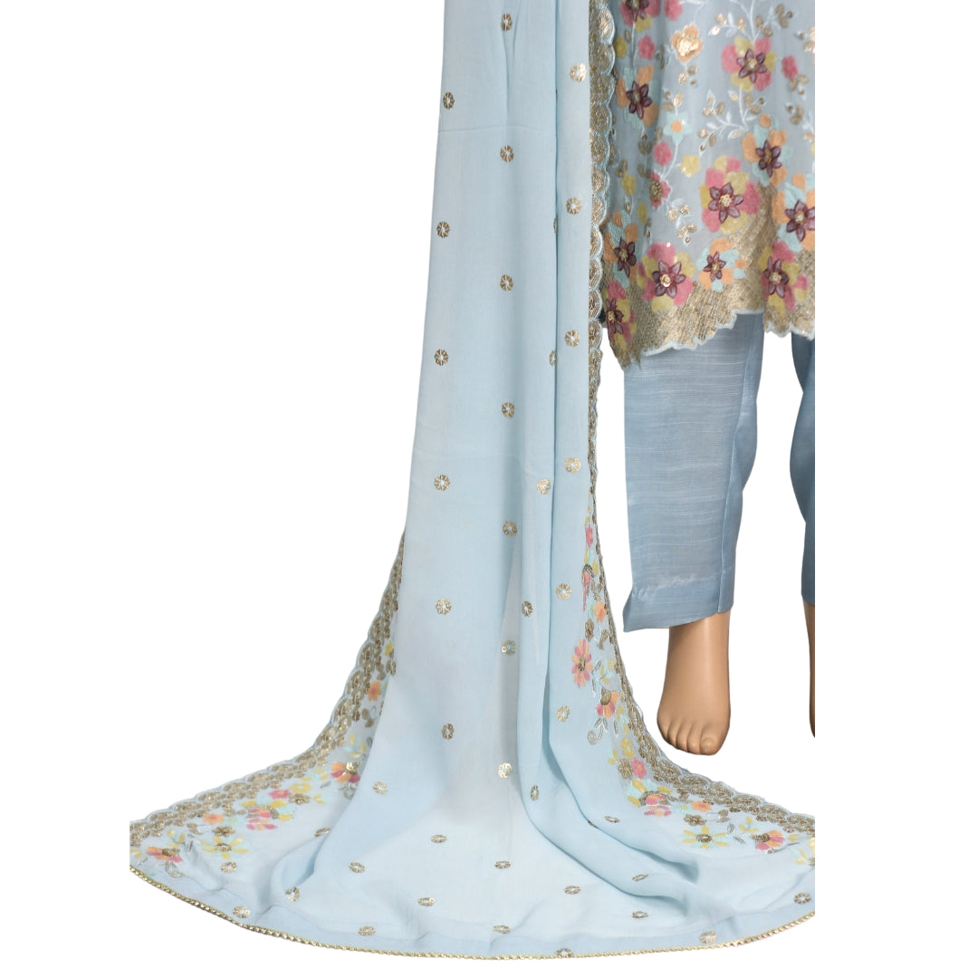 Sky Blue Sequins and Antique Work Pure Chiffon Suit with Raw Silk Trouser KF-00501