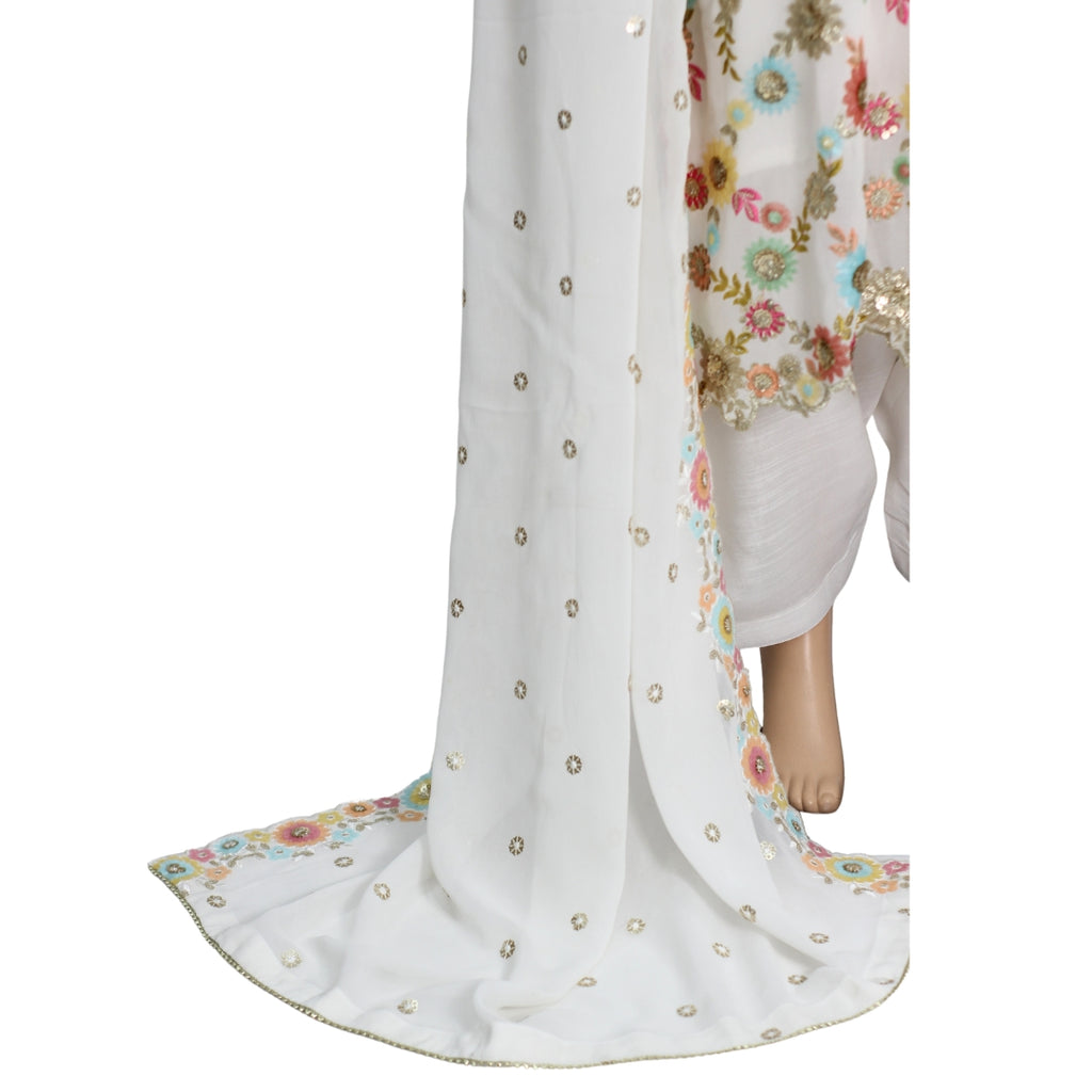Off White Sequins and Antique Work Pure Chiffon Suit with Raw Silk Shalwar KF-00502