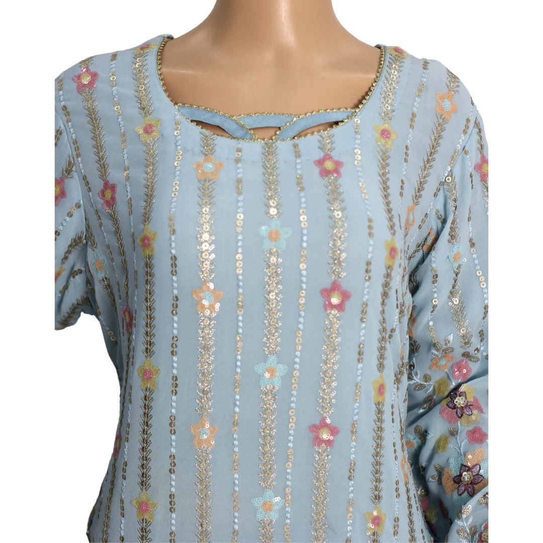 Sky Blue Sequins and Antique Work Pure Chiffon Suit with Raw Silk Trouser KF-00501