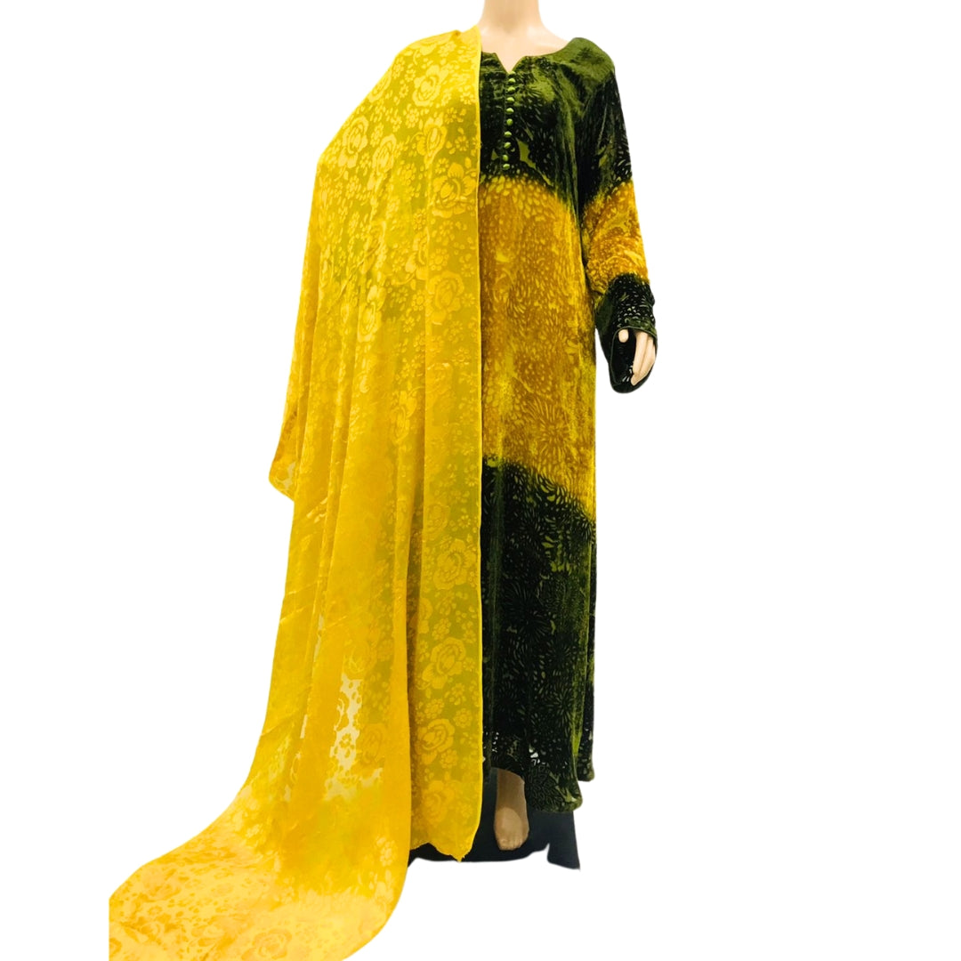 Green and Yellow Velvet Palachi Maxi with Dupatta KF-5482