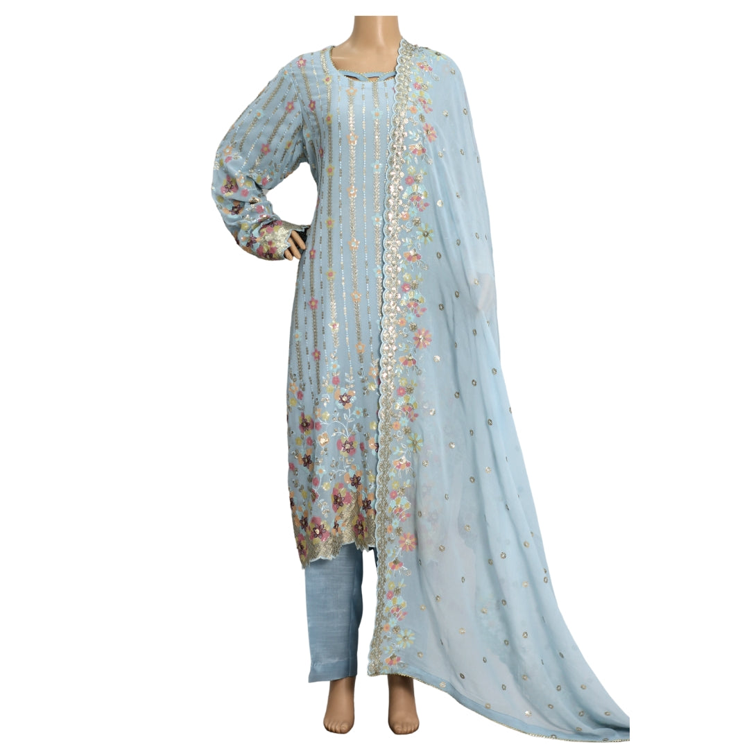 Sky Blue Sequins and Antique Work Pure Chiffon Suit with Raw Silk Trouser KF-00501